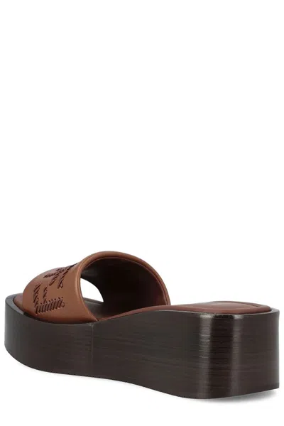 Fendi Women Brown Slides With Wedge Heel And Ff Motiv On The Band In Leather Man