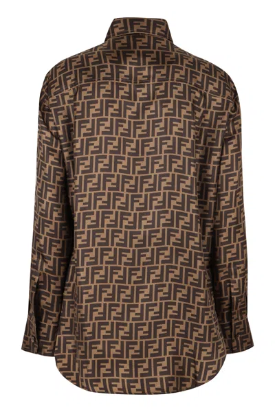 Fendi Ff Logo Print Silk Shirt In Brown
