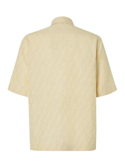 Fendi Men Yellow Shirt With Wide Short Sleeves And All-over Ff Motif In Linen Blend Man