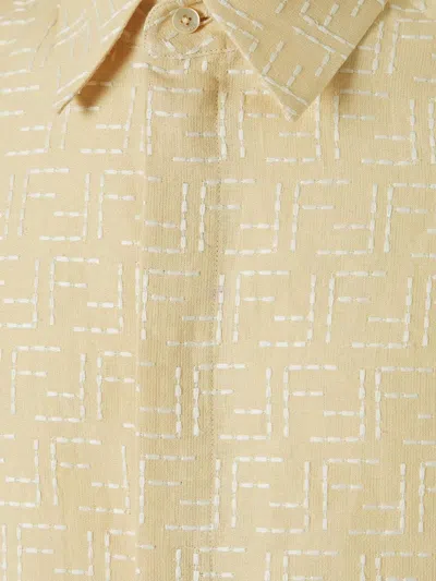 Fendi Men Yellow Shirt With Wide Short Sleeves And All-over Ff Motif In Linen Blend Man