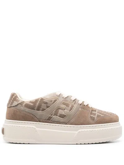 Fendi Match Canvas And Suede Low-top Sneakers In Brown