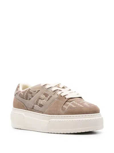 Fendi Match Canvas And Suede Low-top Sneakers In Brown