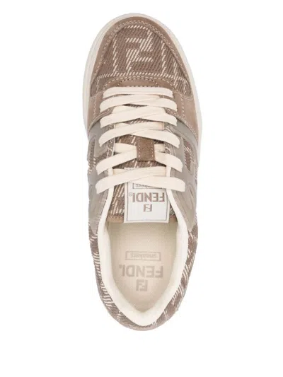 Fendi Match Canvas And Suede Low-top Sneakers In Brown