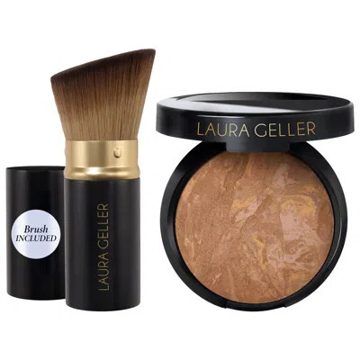 Laura Geller Balance And Brighten Color Correcting Baked Powder Foundation + Kabuki Brush Sand 0.32 Oz/9 G In Brown