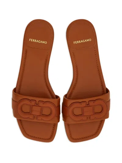 Ferragamo Gancini Slide In Cognac Leather Women In Brown