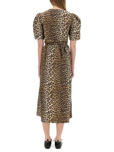 Ganni Leopard Printed Cotton Tie Strap Midi Dress In Brown