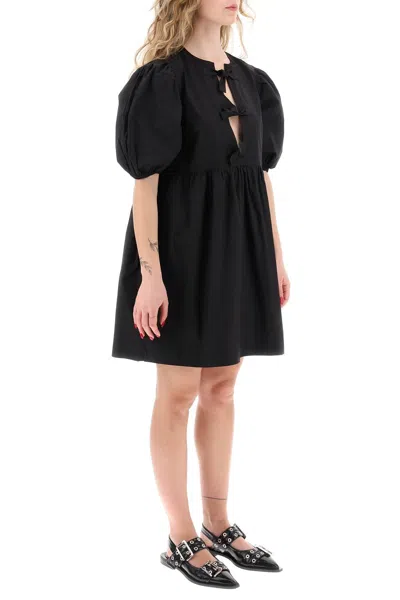 Ganni Cotton Poplin Tie String Mini Dress In Black