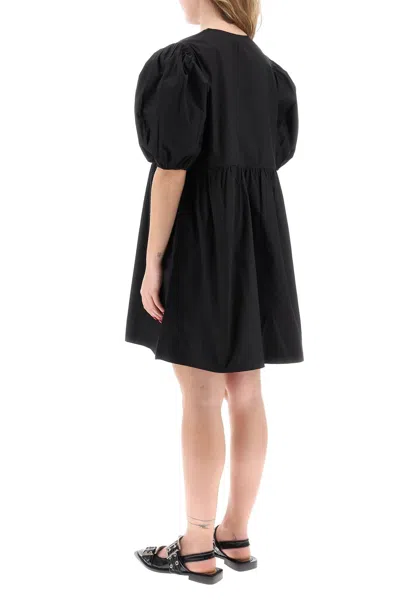 Ganni Cotton Poplin Tie String Mini Dress In Black