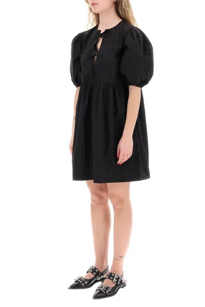 Ganni Cotton Poplin Tie String Mini Dress In Black