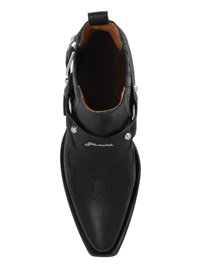 Ganni Embroidered Faux Leather Cowboy Boots In Black