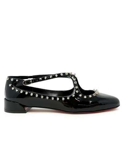 Christian Louboutin Black Patent Leather Pilouta Jane Spikes Flat Ballerinas In Black
