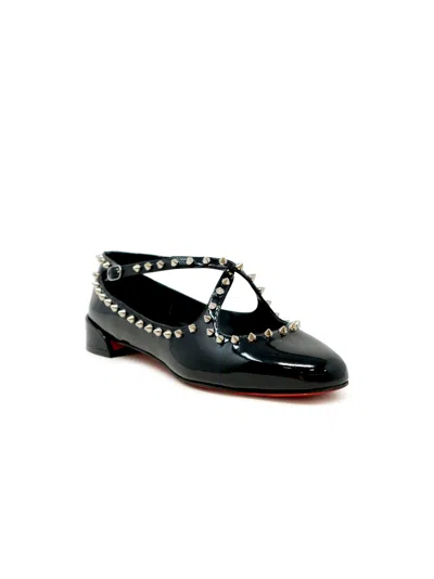 Christian Louboutin Black Patent Leather Pilouta Jane Spikes Flat Ballerinas In Black
