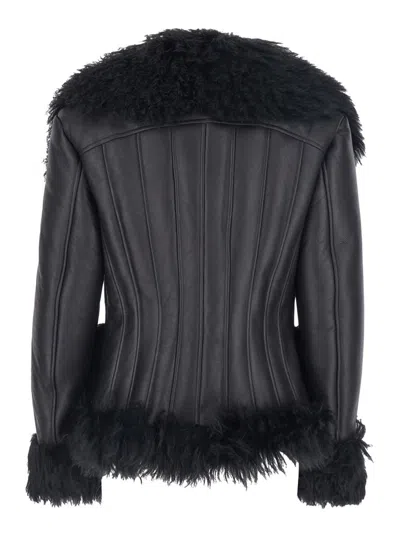 Blumarine Black Shearling Jacket With Wide Revers And Front Snap Button Closure In Leather And Fur Woman In Black
