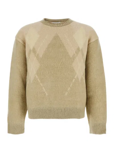 Coor Beige Crewneck Sweater With All-over Argyle Motif In Wool Blend Man In Brown