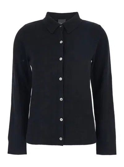 Plain Black Sweater With Polo Collar In Cashmere Woman In Black