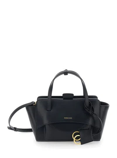 Hidesins Black Handbag With Adjustable And Removable Shoulder Strap And Logo Lettering On The Front In Leathe In Black