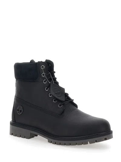 Timberland Black Ankle Boots With Logo Detail On The Side And Low Block Heel In Leather Man In Black