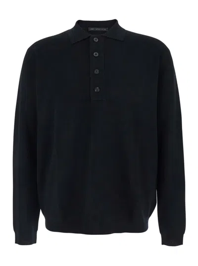 Low Brand Black Sweater With Polo Shirt Style Collar And Long Sleeves In Wool Man In Black