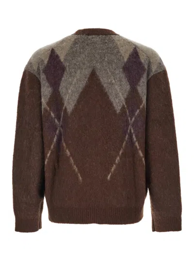 Coor Brown Cardigan With V Neck And All-over Argyle Motif In Wool Blend Man In Brown