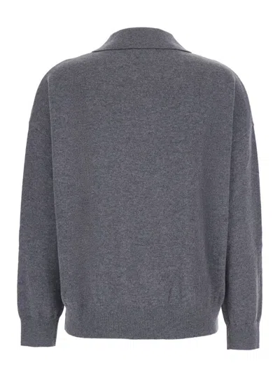 Plain Grey Sweater With Polo-style Collar And V-neck In Cashmere Woman In Gray