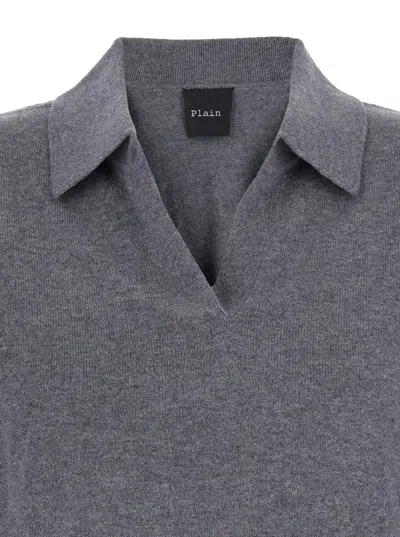 Plain Grey Sweater With Polo-style Collar And V-neck In Cashmere Woman In Gray