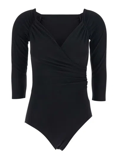 Norma Kamali Black Bodysuit With Sweetheart Neckline In Tech Fabric Stretch Woman In Black