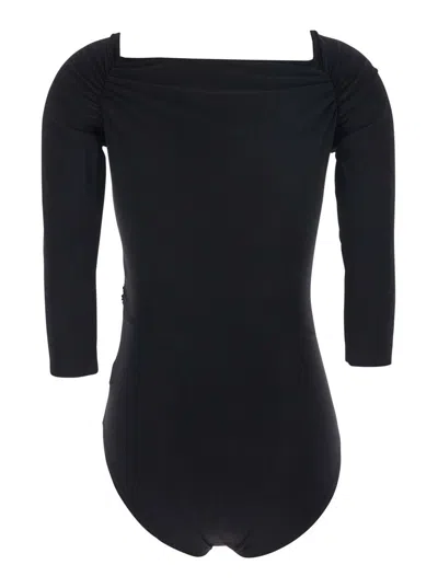 Norma Kamali Black Bodysuit With Sweetheart Neckline In Tech Fabric Stretch Woman In Black