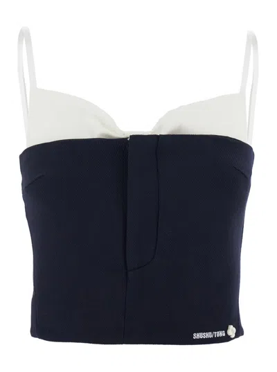 Shushu-tong Black Sleeveless Top With Bow On The Rear And Logo Embroidery On The Front In Wool Woman In Blue
