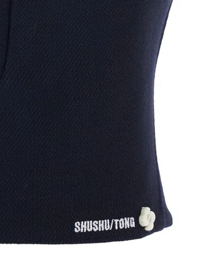 Shushu-tong Black Sleeveless Top With Bow On The Rear And Logo Embroidery On The Front In Wool Woman In Blue