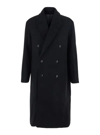 Coor Black Double-breasted Coat With Classic Lapels In Wool Blend Man In Black