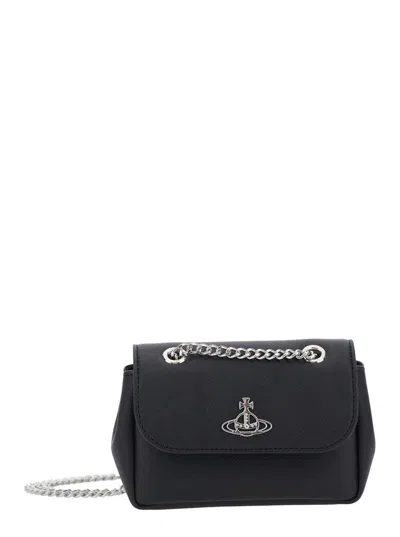 Vivienne Westwood Black Small Crossbody Bag With Orb Logo In Saffiano Effect Fabric Woman In Black