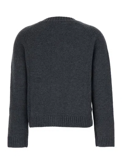 Plain Dark Grey Crewneck Cardigan With Jewel Buttons And Two Front Patch Pockets In Wool Woman In Gray