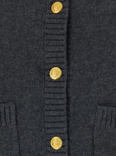 Plain Dark Grey Crewneck Cardigan With Jewel Buttons And Two Front Patch Pockets In Wool Woman In Gray