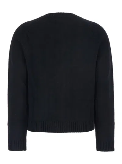 Plain Black Crewneck Cardigan With Jewel Buttons And Two Front Patch Pockets In Wool Woman In Blue