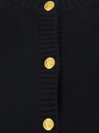 Plain Black Crewneck Cardigan With Jewel Buttons And Two Front Patch Pockets In Wool Woman In Blue
