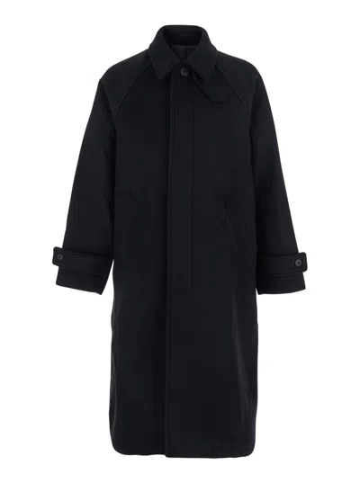 Coor Black Coat With Wide Collar And Hidden Button Closure On The Front In Wool Man In Blue