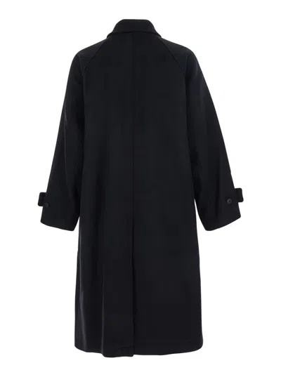 Coor Black Coat With Wide Collar And Hidden Button Closure On The Front In Wool Man In Blue