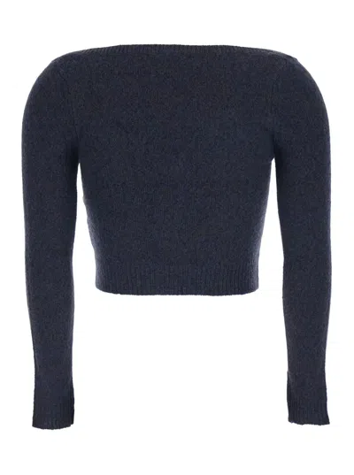 Shushu-tong Blue Cardigan With Wide Round Neck And Logo Embroidery On The Front In Wool Blend Woman In Blue