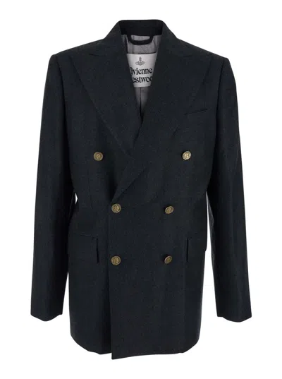 Vivienne Westwood Grey Double-breasted Jacket With Wide Peak Lapels In Wool Man In Blue