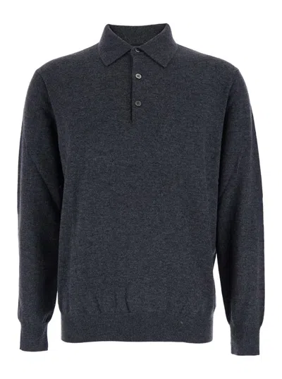 Plain Grey Sweater With Polo Shirt Style Collar And Long Sleeves In Wool Blend Man In Gray