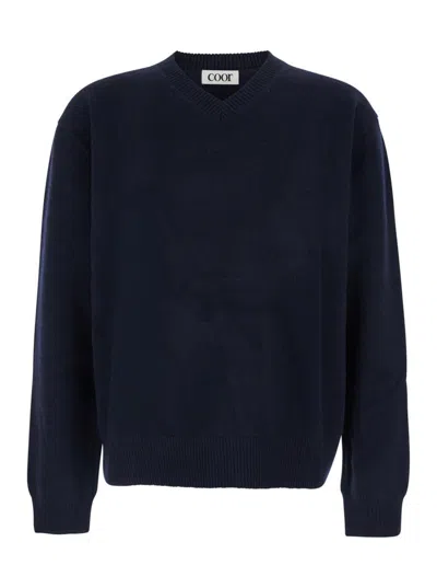 Coor Blue Sweater With V Neck And Ribbed Trims In Wool Man In Blue