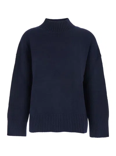 Plain Blue Turtleneck Sweater With Dropped Shoulder In Cashmere Woman In Blue