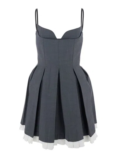 Shushu-tong Grey Pleated Sleeveless Dress With Sweetheart Neckline And Contrasting Hem In Wool Blend Woman In Gray