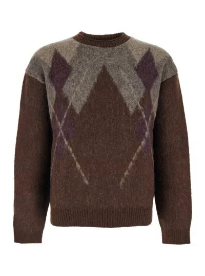 Coor Brown Crewneck Sweater With All-over Argyle Motif In Wool Blend Man In Brown