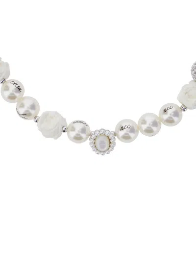 Shushu-tong Silver-colored Necklace With Beads Design And Rhinestone Decorations In Brass Woman In White