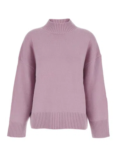 Plain Pink Turtleneck Sweater With Dropped Shoulder In Cashmere Woman In Pink