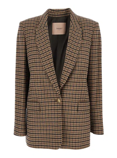 Twinset Beige Single-breasted Jacket With All-over Check Motif In Wool Blend Woman In Brown