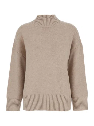 Plain Beige Turtleneck Sweater With Dropped Shoulder In Cashmere Woman In Neutral