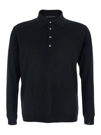Low Brand Black Sweater With Polo Shirt Style Collar And Long Sleeves In Wool Man In Black