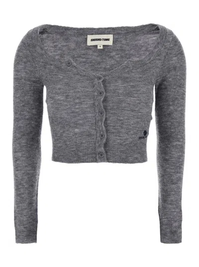 Shushu-tong Grey Cardigan With Wide Round Neck And Logo Embroidery On The Front In Wool Blend Woman In Gold
